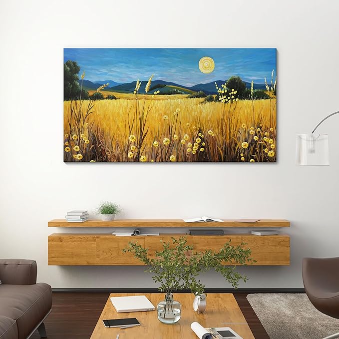 AJAZIKO Landscape Wall Art Moon Framed Canvas Wall Art Large Yellow Living Room Wall Decor Fall Paintings for Bedroom Nature Office Artwork 24×48IN