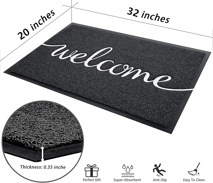 Door Mat, Welcome Mats Outdoor, Front Door Mat for Outside Entry, Doormat Outdoor/Indoor Entrance, Front Door Rugs for Entryway Indoor, for Entryway, High Traffic Areas (32"x20", Black)