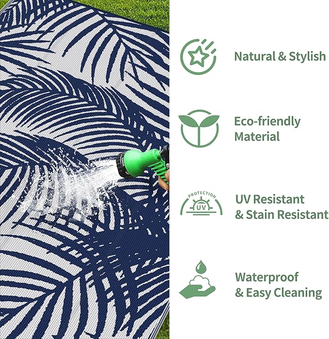 GENIMO Outdoor Rug 5' x 8' Waterproof for Patio Clearance, Reversible Plastic Straw Camping Carpet, Lightweight Mats for Rv, Backyard, Deck, Porch, Picnic, Beach, Balcony, Blue & White