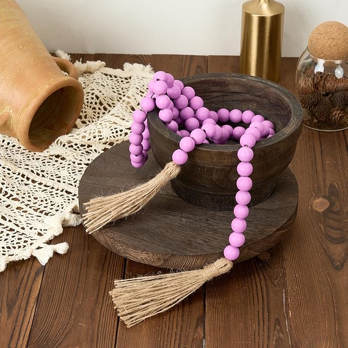OMISHE 59in Wood Bead Garland with Tassels, Decorative Beads Decor, Farmhouse Wooden Beads Garland for Wall Hanging Home Festival Decor, Purple