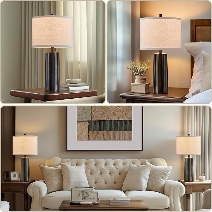 RORIANO Set of 2 Vintage Table Lamps for Bedroom Living Room, 24'' Traditional Farmhouse Resin Desk Lamps Rustic Modern Nightstand Bedside Lamps for Home Office Entryway, 2 Bulbs Included (Black)