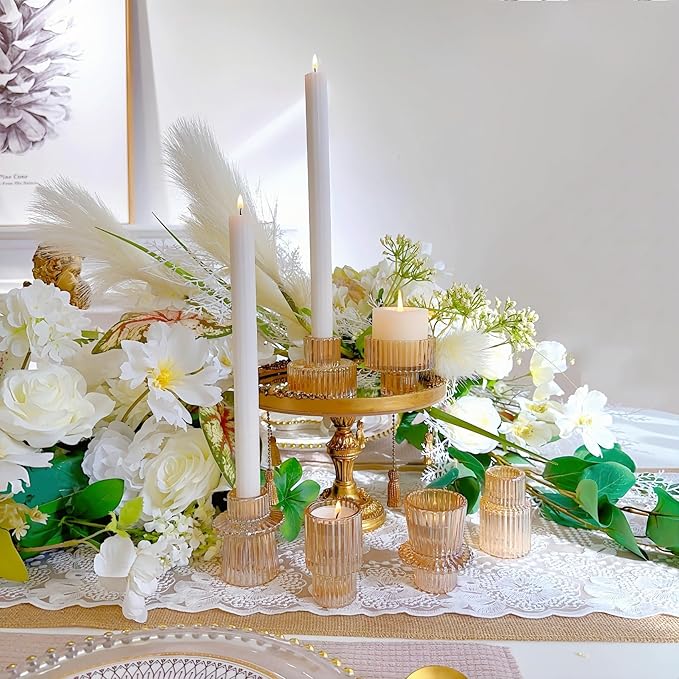 Double Sided Vintage Ribbed Taper Glass Candle Holders,Tea Candle Holder for Table Centerpieces, Wedding Decorations and Dinner Parties (Gold, 3 PCS)