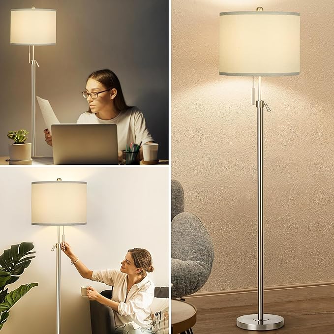 Brushed Nickel Floor Lamp for Living Room, Adjustable Height Standing Lamp with Metal Base, Tall Pole Light with Grey Shade for Bedroom, 8W 4000K 3-Way LED Bulb Included (Brushed Nickel, Grey Shade)