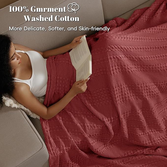 PHF 100% Cotton Waffle Weave Blanket King Size, Soft Lightweight Breathable Cozy Summer Blankets for Bed, Luxury Aesthetic Woven Bedding for Home Decor, 108"x90", Wine Red