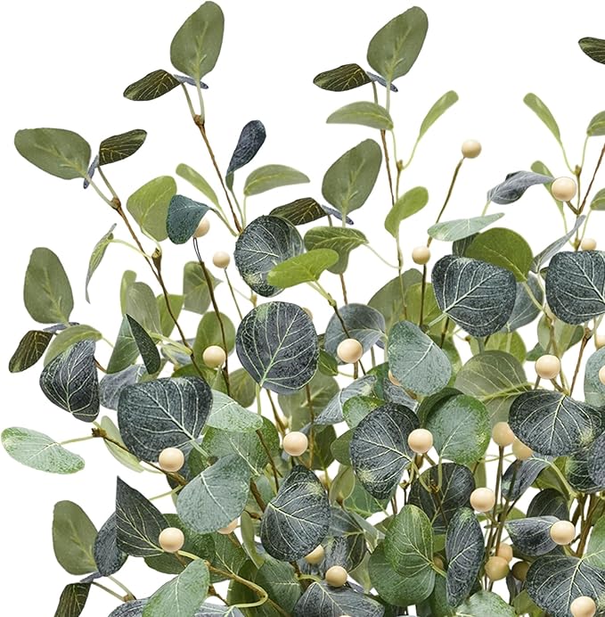 6 PCS 27.5" Artificial Eucalyptus Stems with Berries, Faux Eucalyptus Branches Fake Greenery Plants Stems for Vase Home Party Wedding Spring Decorations