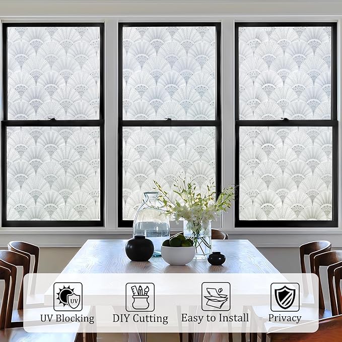 Beautyhero Window Privacy Film, Frosted Reeded Glass Cling, 3D Decorative Coverings with UV Blocking, Static Cling Tint for Bathroom Doors Cabinet