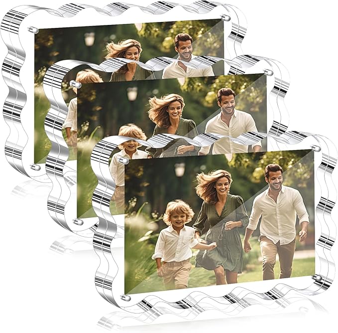 Aheroi Acrylic Picture Frames, 3 Pack 4x6 Clear Scalloped Photo Frame Freestanding Magnetic Double Sided Picture Frames, Transparent Thickened Frameless Acrylic Desktop Frame, No Instal