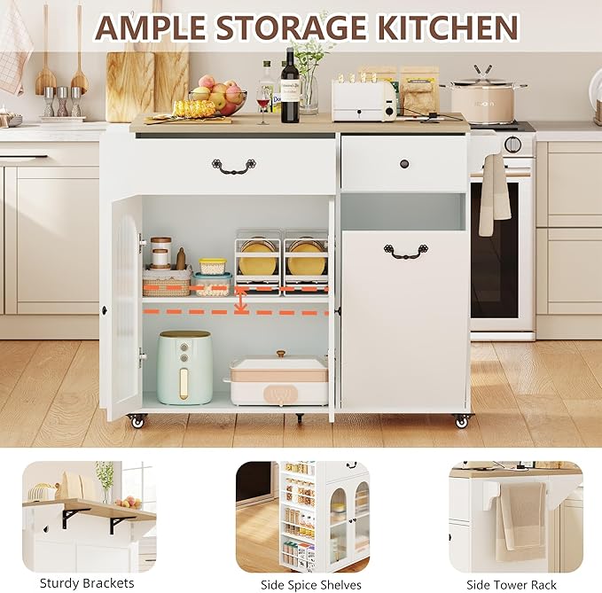 Kitchen Island with Drop Leaf & Power Outlet, Rolling Kitchen Island on Wheels with Trash Can Storage, Island Table Bar Cart with Spice Rack, Towel Rack, Drawers, Mobile Kitchen Carts on Wheels