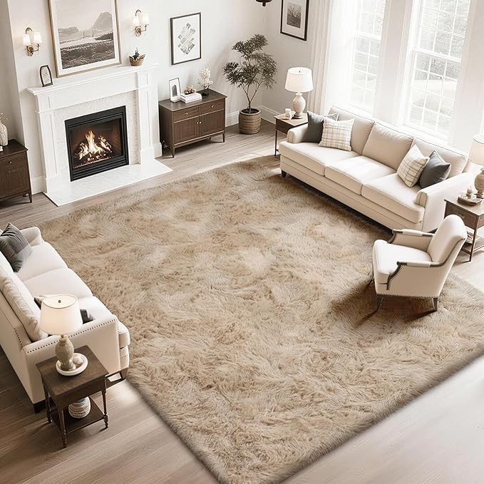 Fluffy Rug Shaggy Area Rug, Beige 10x14 Area Rugs for Bedroom, Super Soft Shaggy Rugs for Living Room Bedroom Kids Room Home Decor, Upgrade Anti-Skid Rectangular Fuzzy Rug