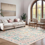 Wonnitar Floral Large Rugs for Living Room, Soft Light Pink Rug Washable 9x12 Carpet Non Slip, Boho Foldable Non-Shedding Kids Carpet for Bedroom Girls Nursery Dorm Playroom