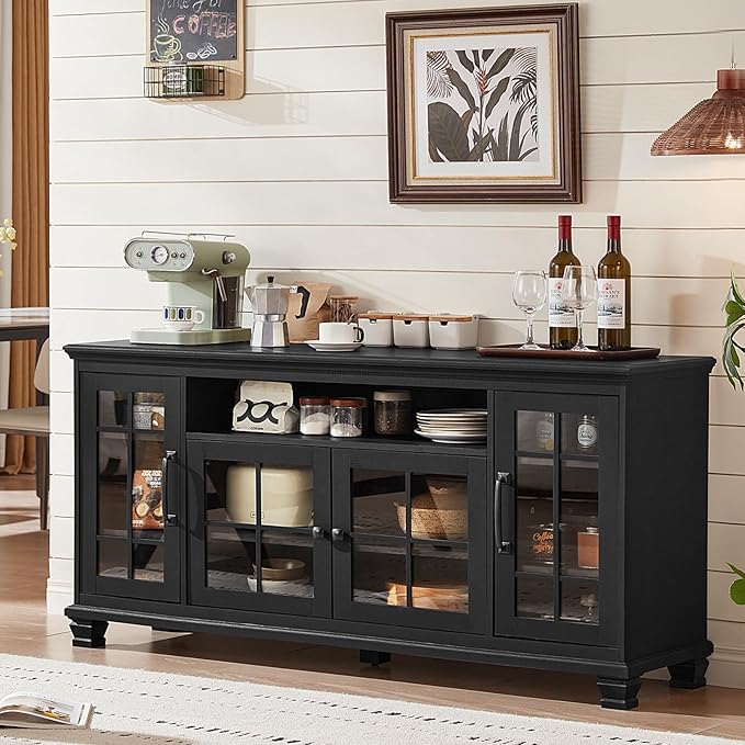 Large Black Sideboard Buffet Cabinet with Storage, Vintage Farmhouse 60" Wide Credenza Accent Cabinets with Glass Doors & Wood Legs, Kitchen Console Bar Table for Dining Room, Living Room