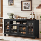 Large Black Sideboard Buffet Cabinet with Storage, Vintage Farmhouse 60" Wide Credenza Accent Cabinets with Glass Doors & Wood Legs, Kitchen Console Bar Table for Dining Room, Living Room