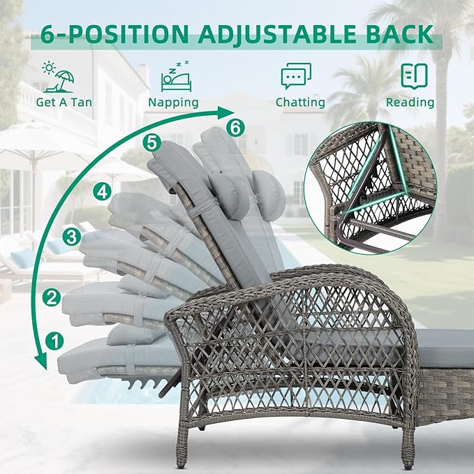 VIVIJASON Outdoor Wicker Chaise Lounge Chair Set of 2, All-Weather PE Rattan Cushioned Patio Lounger Chairs, 6-Position Adjustable Outside Pool Sunbathing Recliner with Armrest & Pillow, Gray