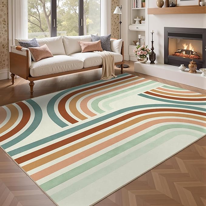 Indoor Outdoor Area Rug, Mid Century Modern Multicolored Outdoor Patio Rug,Washable Abstract Art Rainbow Rugs Non-Slip Carpet for Camping, Bedroom, Deck(8x10)