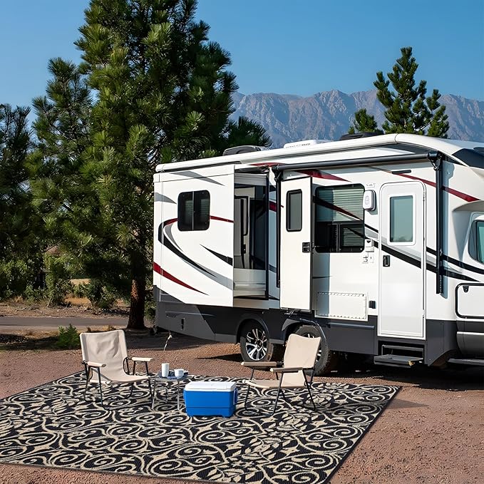 OLANLY Outdoor Rug Waterproof 8x10 ft Clearance, Reversible Outdoor Plastic Straw Rug with Floral Pattern, RV Mat for Patio, Camping, Balcony, Deck, Backyard, Black & Beige