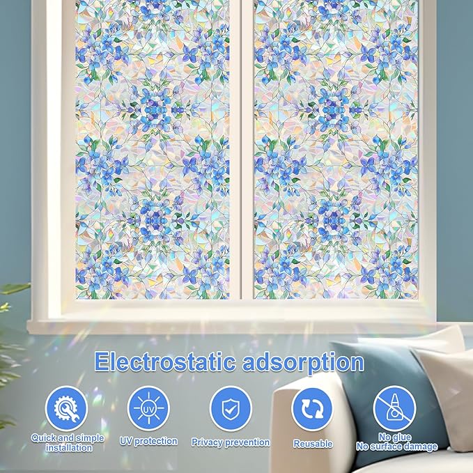Window Privacy Film Stained Glass Decorative Window Tint for Home Room Decor Static Cling Rainbow Window Film Blackout Bathroom Bedroom Car Renter Friendly (Blue&Purple Hydrangea Flower)
