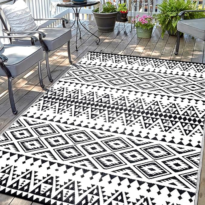 Waterproof Outdoor Rug 6x9ft, Bohemia Reversible Plastic Straw Mat for Patio RV Deck Porch Backyard Balcony Camping Picnic Beach Indoor Outdoor Carpet, Black&White