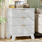 Fluted Nightstand with Charging Station, 24" Wide Bedside Table with 3 Large Storage Drawers, Modern Wood Side Table Night Stand, End Table Small Dresser for Bedroom, Living Room, Dorm, White