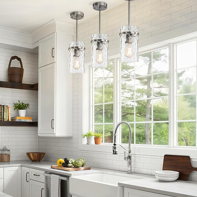 Brush Nickel Hammered Hand-Blown Glass Pendant Light Fixtures, Pendant Lights Kitchen Island Modern Kitchen Island Lighting Dining Room Light Farmhouse Island Lights Sink 2 Pack