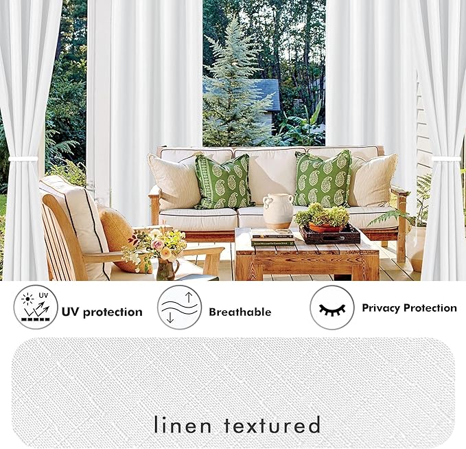 HolidayIdeas 4 Panels Linen Outdoor Curtains for Patio Waterproof White Curtain Panels 95 Inch Length-Wide Weatherproof, Privacy, Outside Curtains for Pergola, Porch, Gazebo-110 Wide x 95" Long