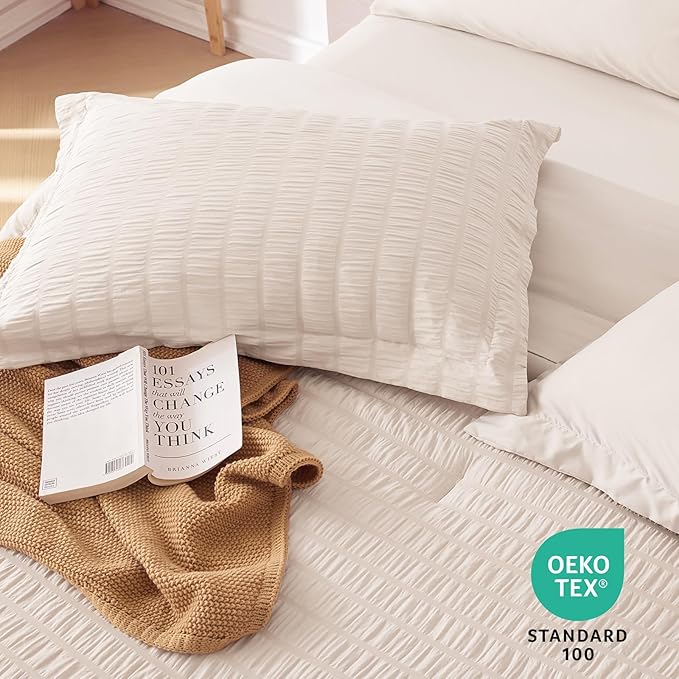 MUXHOMO 5 Pieces Twin XL Comforter Set, Seersucker Bed in a Bag Twin XL Size, All Season Luxury Bedding Set with Comforter, Flat Sheet, Fitted Sheet, Pillowcase & Sham, Beige