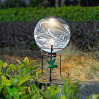 10 Inch Solar Glass Gazing Ball, with 9.4" Tall Metal Gazing Globe Stand, Solar Ball Lights Display Holder Set for Outdoor Garden Lawn Yard Decoration, Blue Water Ripple