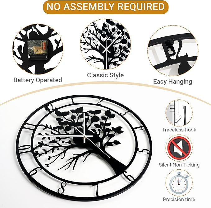 24inch/60cm Large Tree of Life Wall Clocks for Living Room Decor,Bedroom,Battery Operated Big Metal Decorative Analog Silent Non Ticking Wall Clock,Room Wall Decor (Tree of Life, 24 inches)
