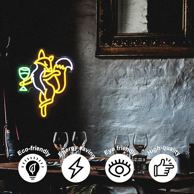 Fox Beer Neon Signs for Wall Decor Cool Animal Neon Sign Orange White Fox Neon Light Dimmable Drink Wine LED Sign Bar Neon Light Up Sign for Bedroom Kitchen Man Cave Bar Decor Birthday Gift