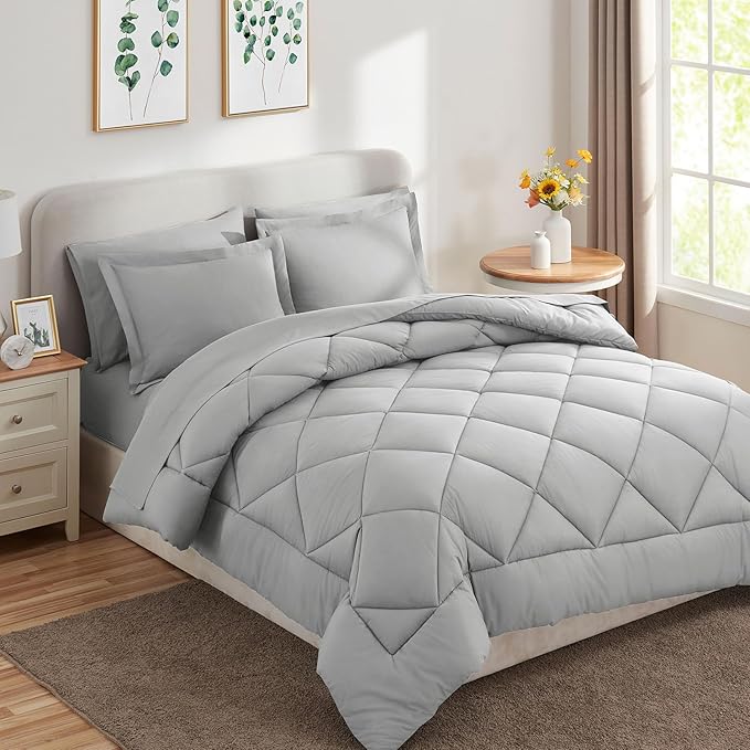 CozyLux King Size Comforter Set Light Grey - 7 Pieces Bed in a Bag King, Luxury Soft Bed Set for All Seasons, Bedding Set with Down Alternative Comforter, Sheets, Pillowcases & Shams