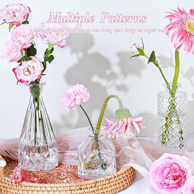 Clear Glass Bud Vases Set of 5, Mini Flower Vase for Centerpieces, Small Clear Vases in Bulk for Wedding Decorations, Vintage Vase for Table, Recepetion, Home Décor