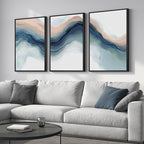 Large Framed Blue Abstract Landscape Wall Art for Living Room, 3 Piece Bright Pastel Canvas Prints Paintings, Modern Minimalist Artwork Watercolor Pictures for Bedroom, Hallway Wall Decor 24x36 In