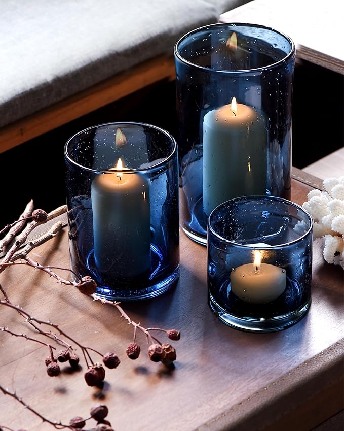 ARIAMOTION Blue Candle Holder for Pillar Set 3 Modern Glass Bubbles Hurricane Cylinder Vases Table centerpieces Home Decor Tabletop Kitchen Island Dining Room Coffee Bar 8" 5" 3.5" Height