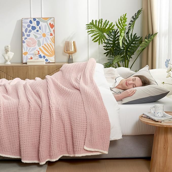 Snuggle Sac Pink Waffle Bedding Blankets Queen Size 90x90 inches, Reversible Microfiber Fluffy Fuzzy Soft Throw Cozy Knit Blanket for Women Mothers Birthday Gifts