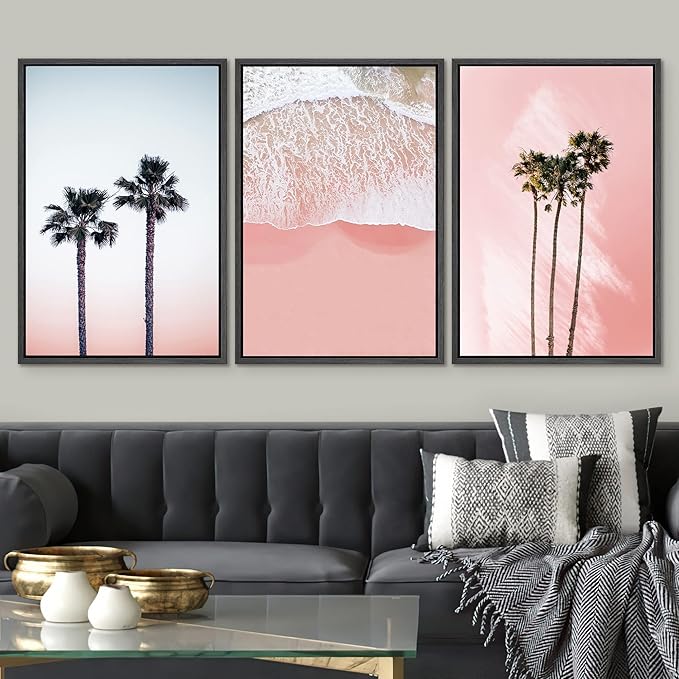SIGNWIN 3 Piece Framed Canvas Wall Art Palm Tree in The Pink Beach Canvas Prints Home Artwork Decoration for Living Room,Bedroom - 16"x24"x3 Black