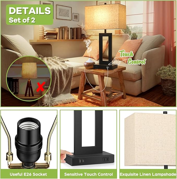 28’’ Tall Lamps for Living Rooms Set of 2, Modern Black Touch Control Table Lamps for Bedroom, 3 Way Dimmable Bedside Lamps with 2 USB Ports&AC Outlet, High-end Decor Lamp for Home Office