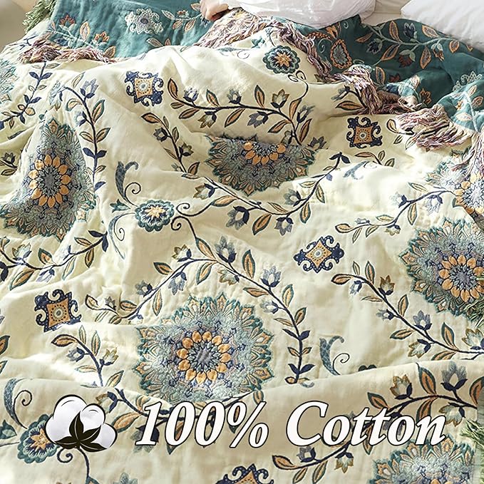 Snycler Boho Throw Blanket for Bed - 100% Cotton Ultra Soft Rustic Quilt - Blue Green Floral Printed Farmhouse Decor Bed Blankets, 80"×90" All Season Rustic Throw for Sofa Couch Chair