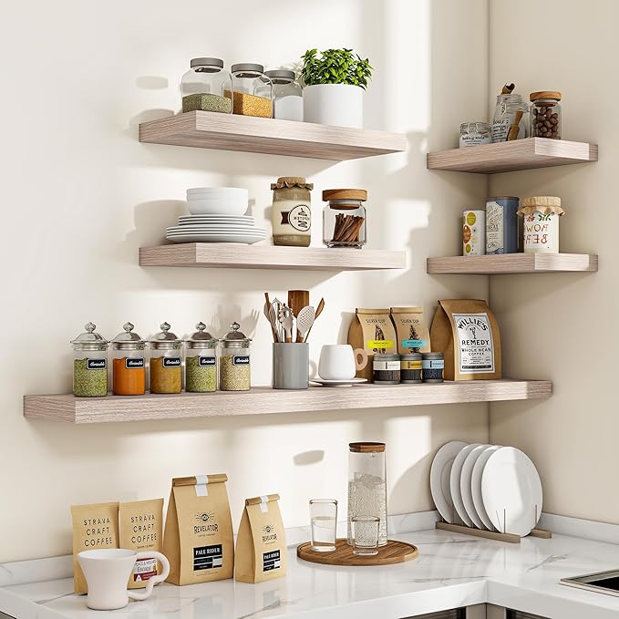 24 Inch Floating Shelves, 3D Textured Wood Grain, 24"x9.25"x1.5" Inch Deep Floating Shelves for Wall, Wooden Shelves for Bathroom, Bedroom, Living Room, Washed White, 2 Pieces