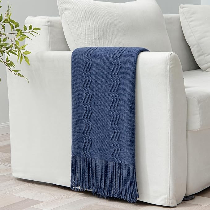 MIULEE Navy Blue Knitted Throw Blanket for Couch Textured Knit Blanket with Tassels Cozy Woven Boho Bed Blanket for Sofa Bed Chair Acrylic Wave Pattern 50"x60"