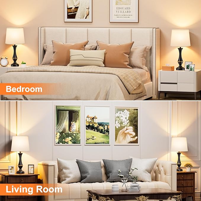 Upgraded Touch Lamps for Bedrooms Set of 2 - Nightstand Table Lamp with USB C+A, 3 Way Dimmable Lamps for Living Room, Office(White)