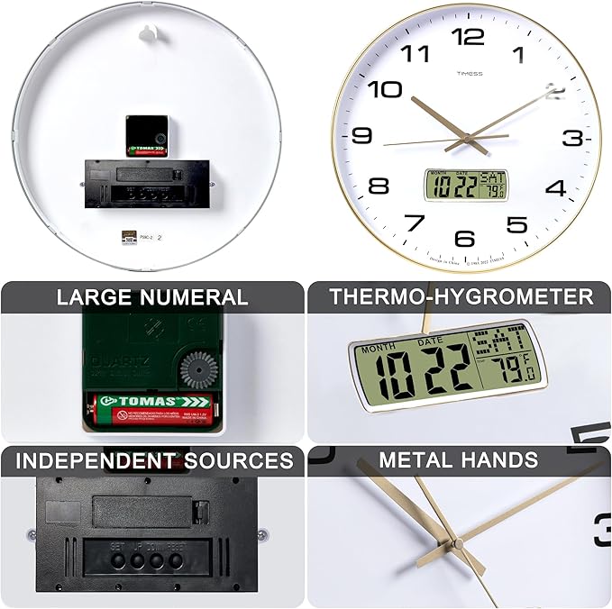 Wall Clock, 14" Large Dial Non-Ticking Silent Battery Operated Analog with LCD Display for Perpetual Calendar and F° Temperature, Ideal Modern Home, Bedroom, Office Decor (Gold)