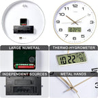 Wall Clock, 14" Large Dial Non-Ticking Silent Battery Operated Analog with LCD Display for Perpetual Calendar and F° Temperature, Ideal Modern Home, Bedroom, Office Decor (Gold)