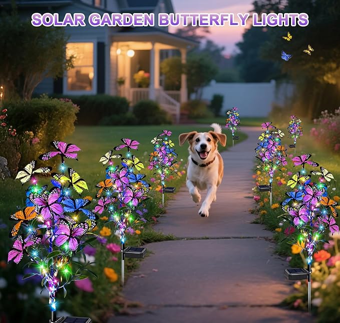 Solar Garden Lights Outdoor Waterproof Garden Decor, 4 Pack Upgraded 240 LED 54 Butterfly Colorful Outdoor Solar Decor for Yard Patio Gifts for Womens Mom (4 Pack Butterfly)