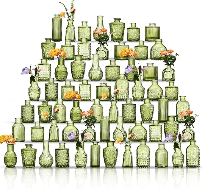 Glass Bud Vases Set of 64 - Green Assorted Small Mini Glass Vases for Flowers, Crystal Vintage Vase Set, Bulk Centerpieces for Table Décor, Wedding, Home and Events (Green, 64 Pcs)