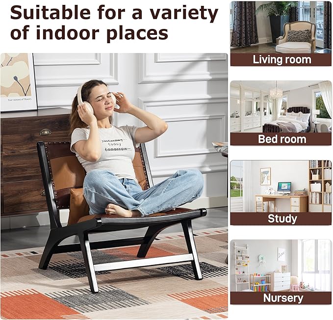 Accent Chair, Modern Comfy Genuine Leather Armless Mid-Century Anthropologie Accent Chairs, Lounge Arm Chair with Solid Wood, Floral Pattern Sofa Chair for Living Room/Office/Balcony/Bedroom