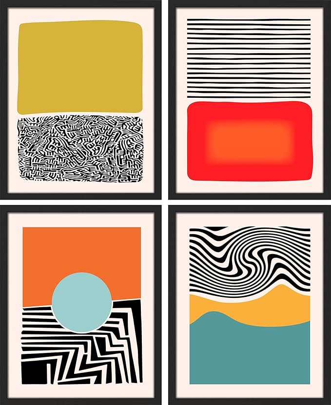 SIGNWIN Framed Mid-Century Modern 1980s Geometric Wall Art, Set of 4 Color Blocks Wall Decor Prints, Nature Wilderness Wall Décor for Living Room, Bedroom - 12"x16" Black