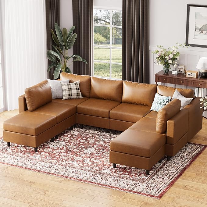 118.5" Faux Leather Modular Sectional Sofa, Modern Large 8 Seater U Shaped Couch with Storage Seat with Reversible Chaise Deep Seat for Living Room DIY Combination - Brown