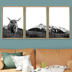 SIGNWIN 3 Piece Framed Canvas Wall Art Highland Cattle in Front of Snowy Mountain Duotone Black and White Canvas Prints Home Artwork Decoration for Living Room,Bedroom - 24"x36"x3 Natural