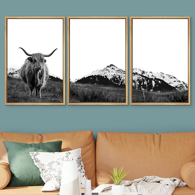 SIGNWIN 3 Piece Framed Canvas Wall Art Highland Cattle in Front of Snowy Mountain Duotone Black and White Canvas Prints Home Artwork Decoration for Living Room,Bedroom - 24"x36"x3 Natural