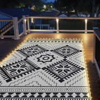 6x9ft Waterproof Outdoor Rug with LED Lights, Boho Reversible Plastic Straw Mat for Patio RV Camping Picnic Balcony Beach Deck Indoor Outdoor Carpet, Black&White