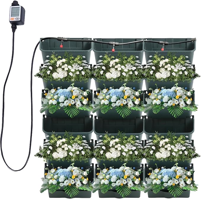Self-Watering Wall-Mounted Planter, Vertical Garden Planter Set with 18 Pots, Stackable Plant Grow Pots with Electronic Timer for Growing Veggies, Fruits, Herbs, Flowers.